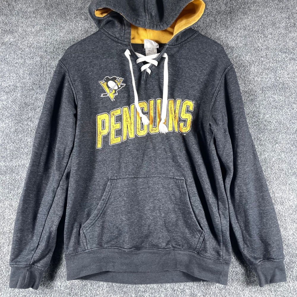 NHL Pittsburgh Penguins Hoodie Mens Small Gray Lace Up Hockey Sweatshirt Fleece